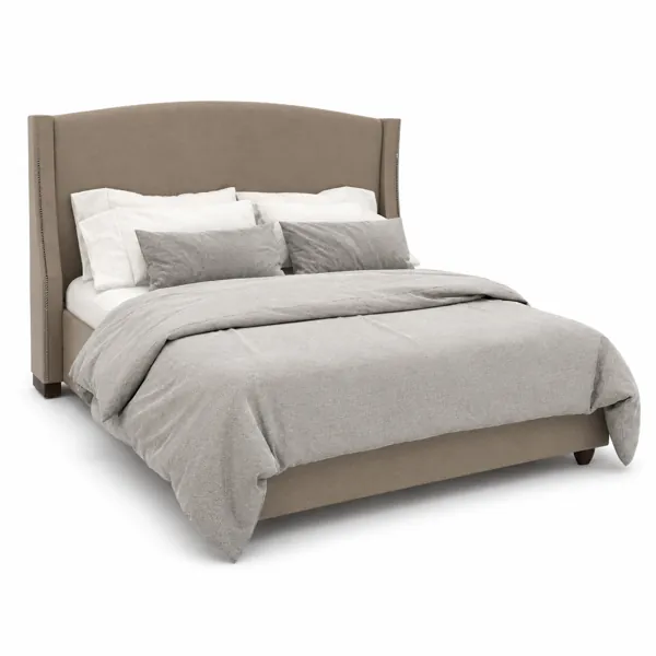 Taupe Wingback Bed with Arched Upholstered Headboard 3D Model