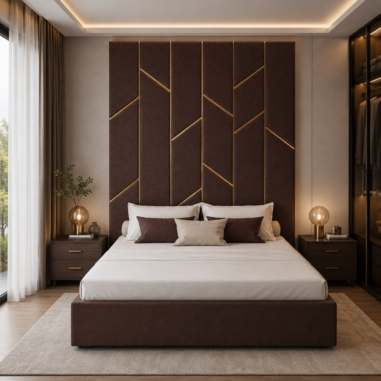 Tall Brown Upholstered Bed 3D Model 4