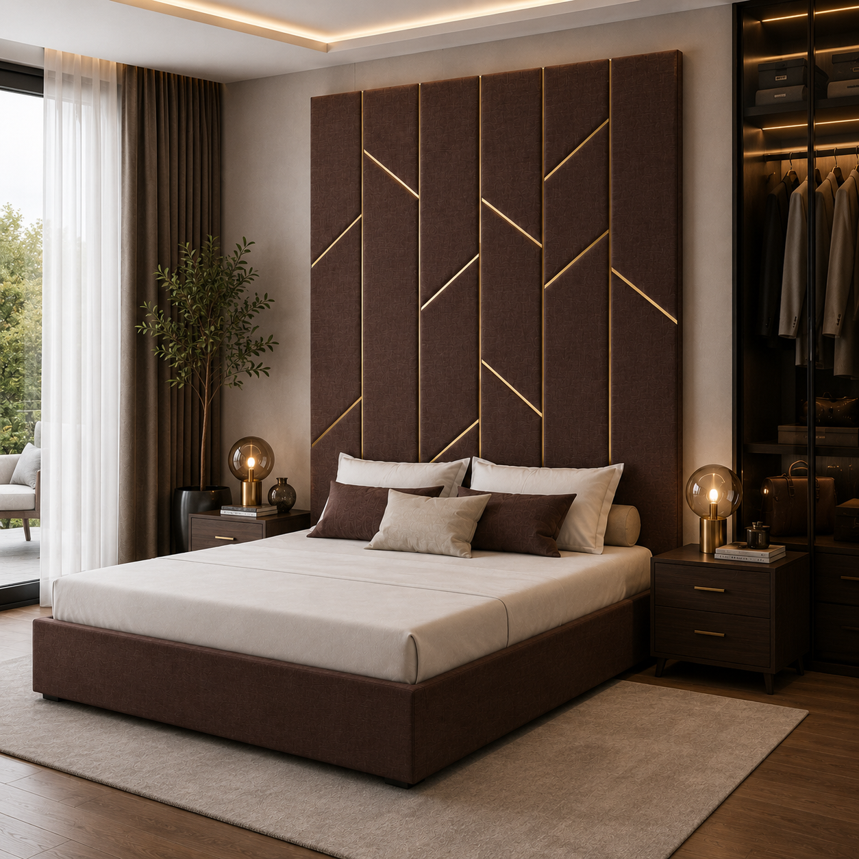 Tall Brown Upholstered Bed 3D Model 2