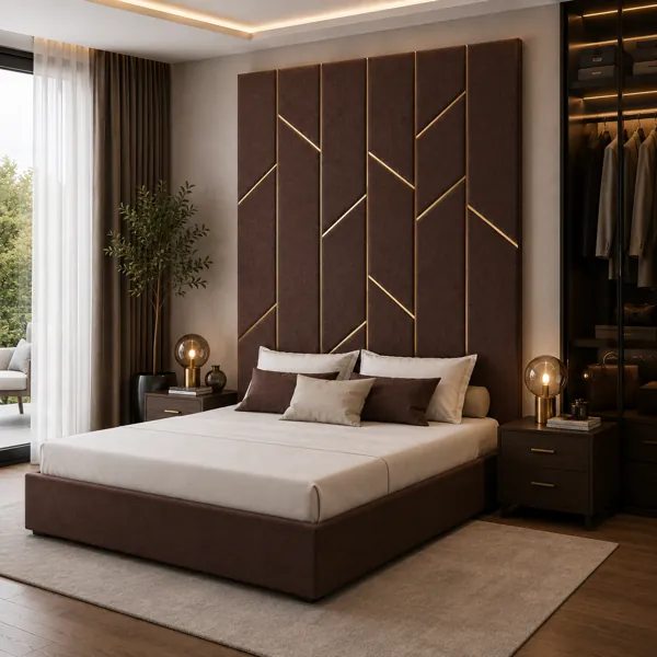 Tall Brown Upholstered Bed 3D Model back