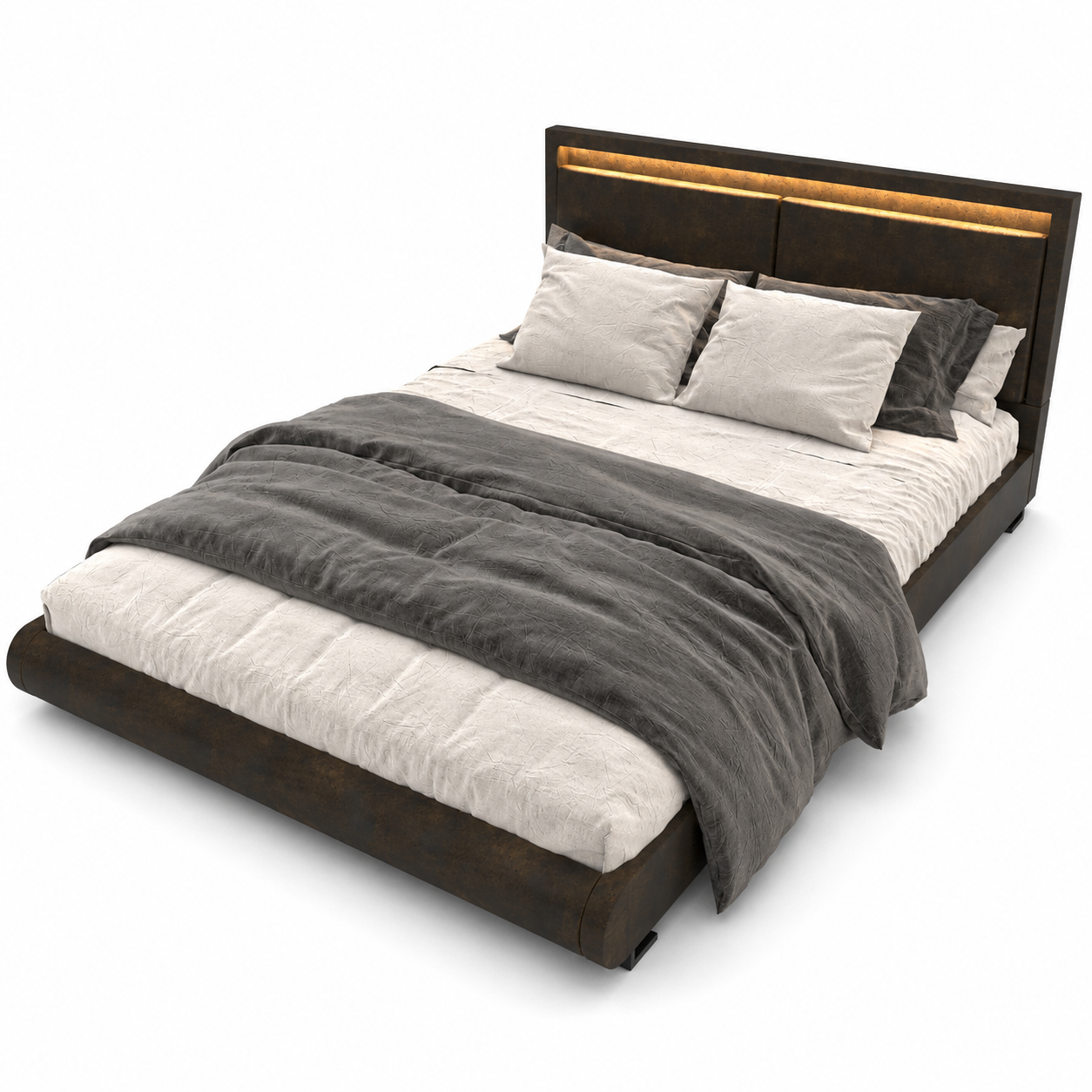 Dark Brown Leather Bed with Backlit Panel Headboard 3D Model 3