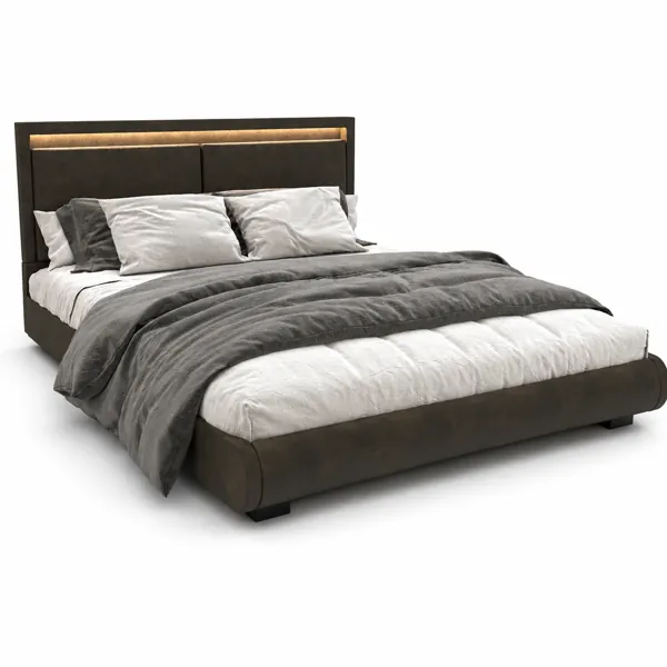 Dark Brown Leather Bed with Backlit Panel Headboard 3D Model