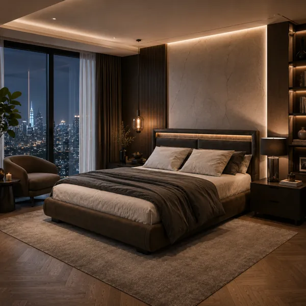 Dark Brown Leather Bed with Backlit Panel Headboard 3D Model back