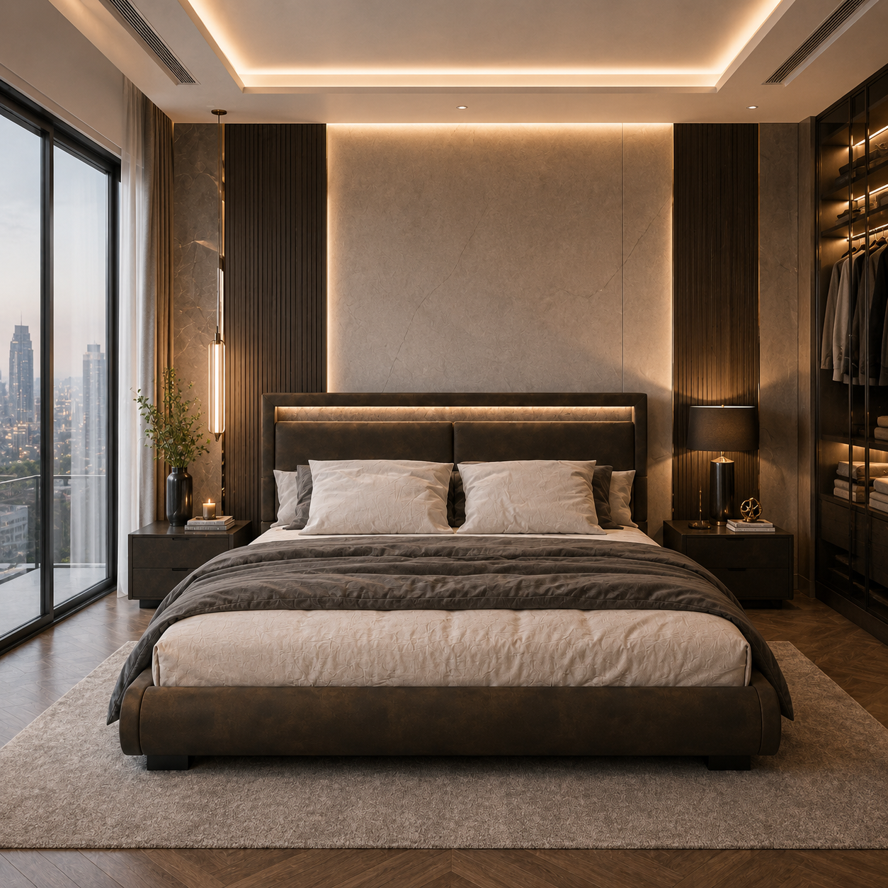 Dark Brown Leather Bed with Backlit Panel Headboard 3D Model 4