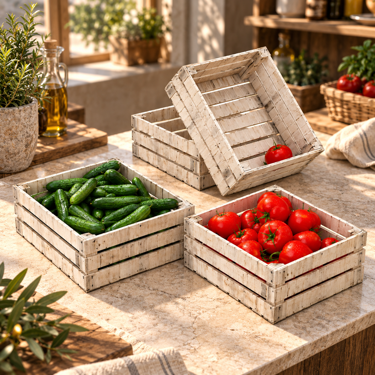 Wooden Vegetable Crates with Tomatoes and Cucumbers 3D Model 4