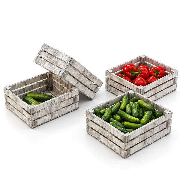 Wooden Vegetable Crates with Tomatoes and Cucumbers 3D Model