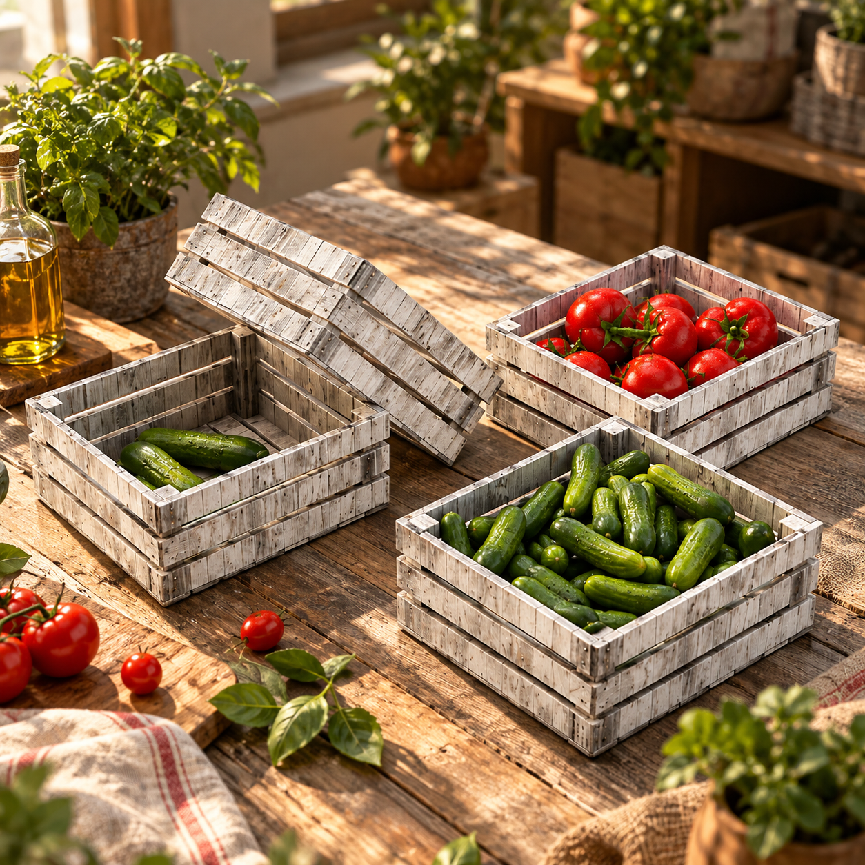 Wooden Vegetable Crates with Tomatoes and Cucumbers 3D Model 2