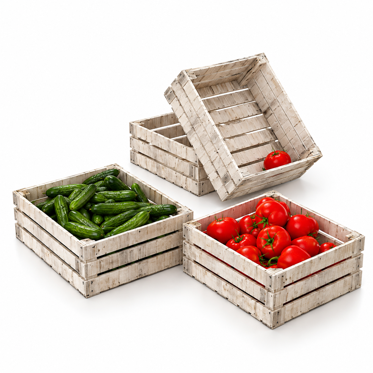 Wooden Vegetable Crates with Tomatoes and Cucumbers 3D Model 3