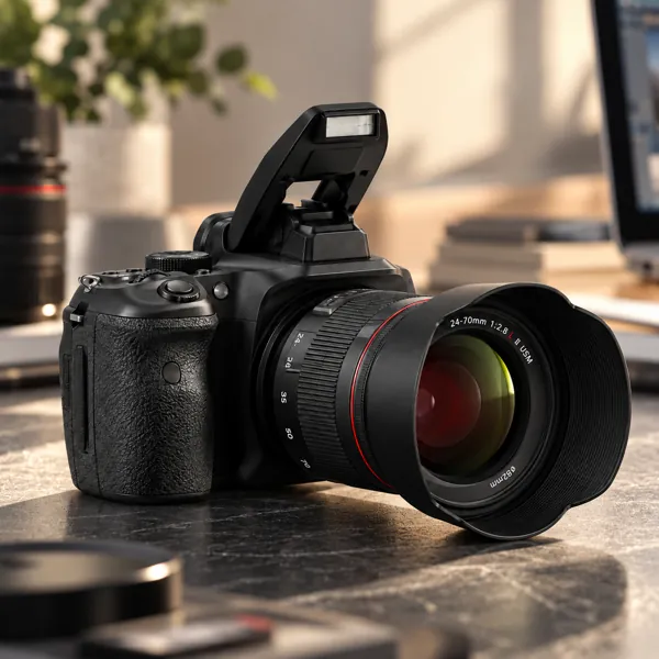 Black DSLR Camera with Pop-Up Flash 3D Model back