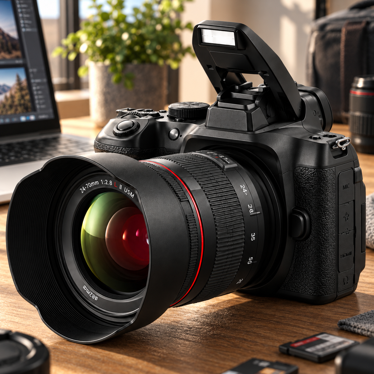 Black DSLR Camera with Pop-Up Flash 3D Model 4