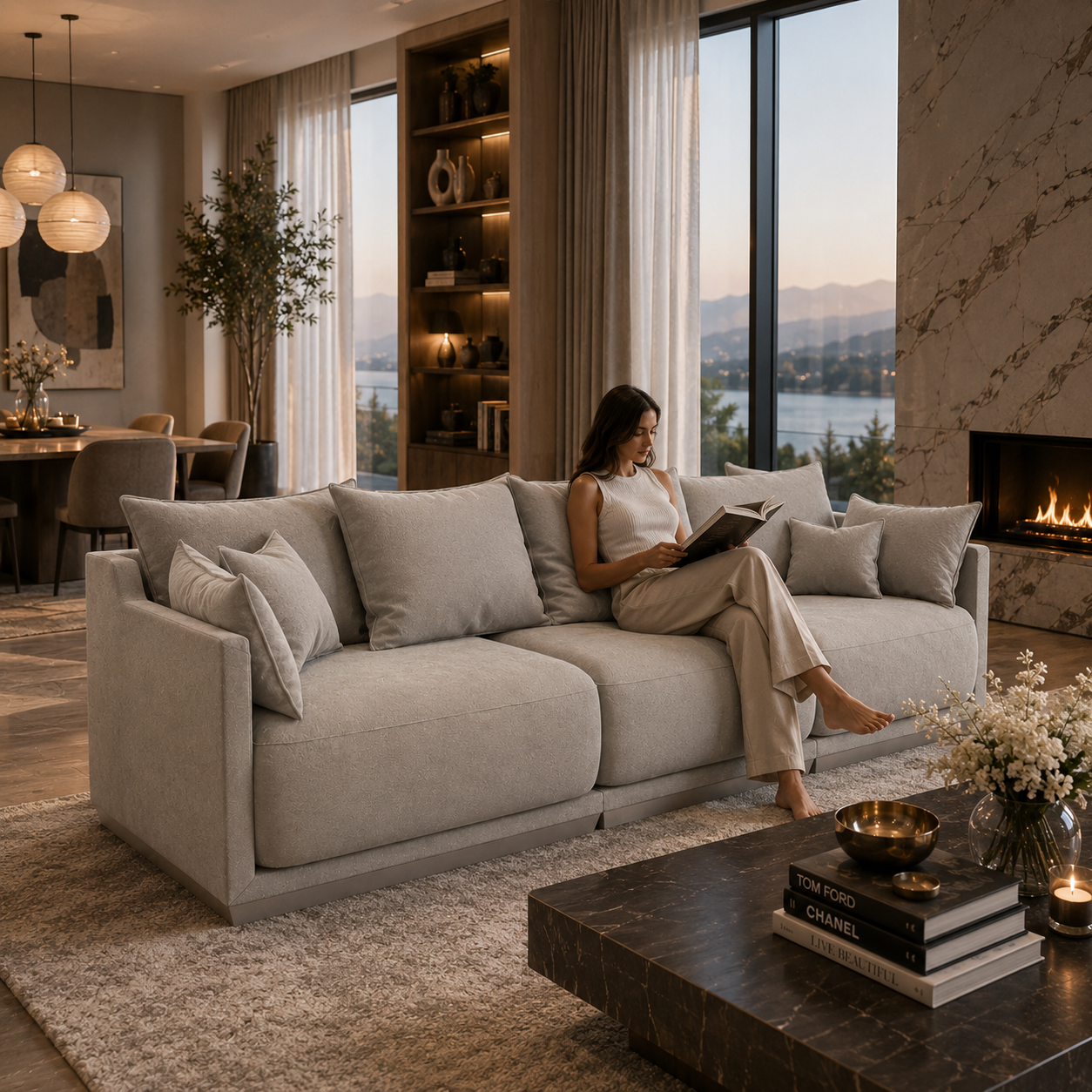 Light Greige Modular Sofa – Oversized Layered Cushions 3D Model 4