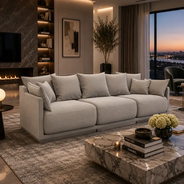 Light Greige Modular Sofa – Oversized Layered Cushions 3D Model back