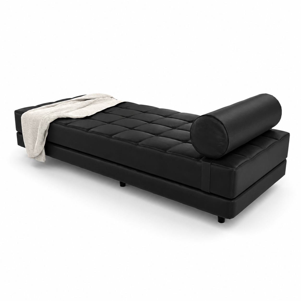 Black Tufted Daybed – Cylindrical Bolster with Beige Throw 3D Model 3
