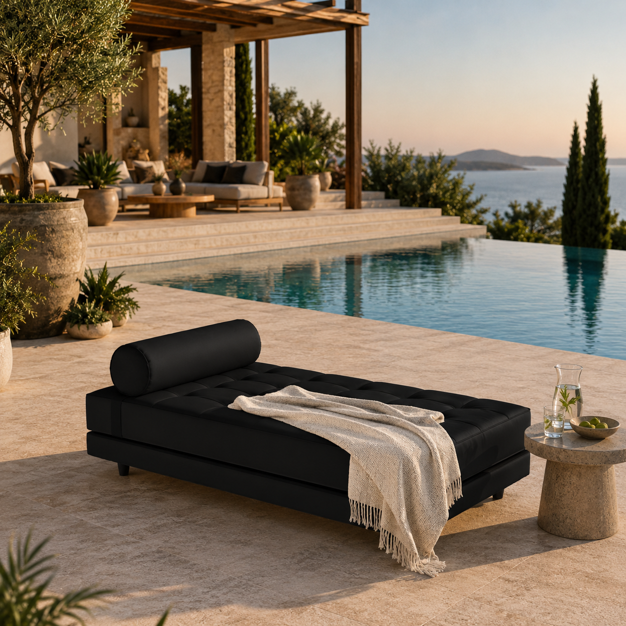 Black Tufted Daybed – Cylindrical Bolster with Beige Throw 3D Model 2