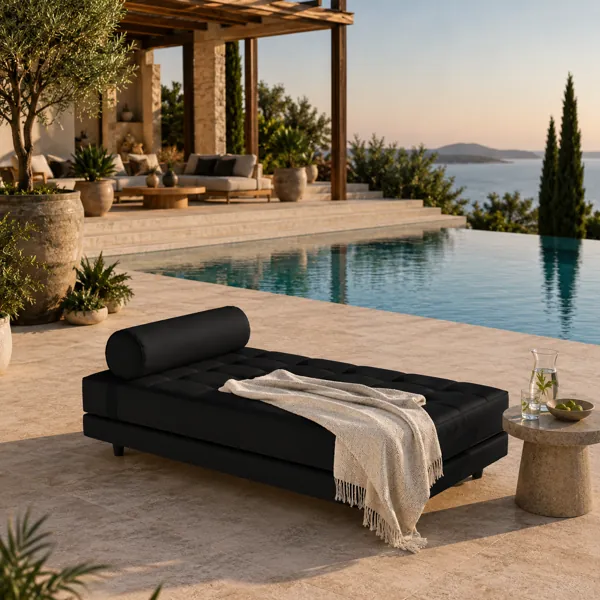 Black Tufted Daybed – Cylindrical Bolster with Beige Throw 3D Model back