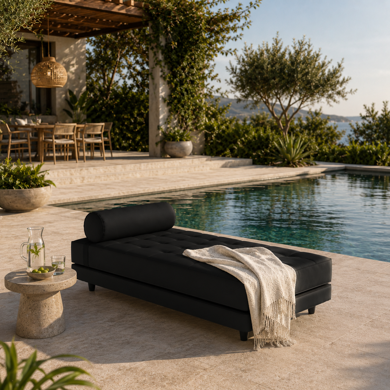 Black Tufted Daybed – Cylindrical Bolster with Beige Throw 3D Model 4