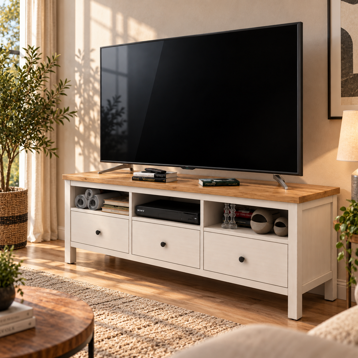 Black TV with White Wood Media Console 3D Model 4