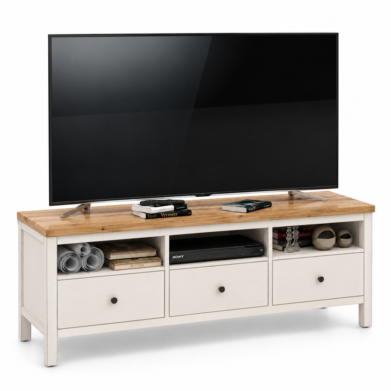 Black TV with White Wood Media Console 3D Model 1