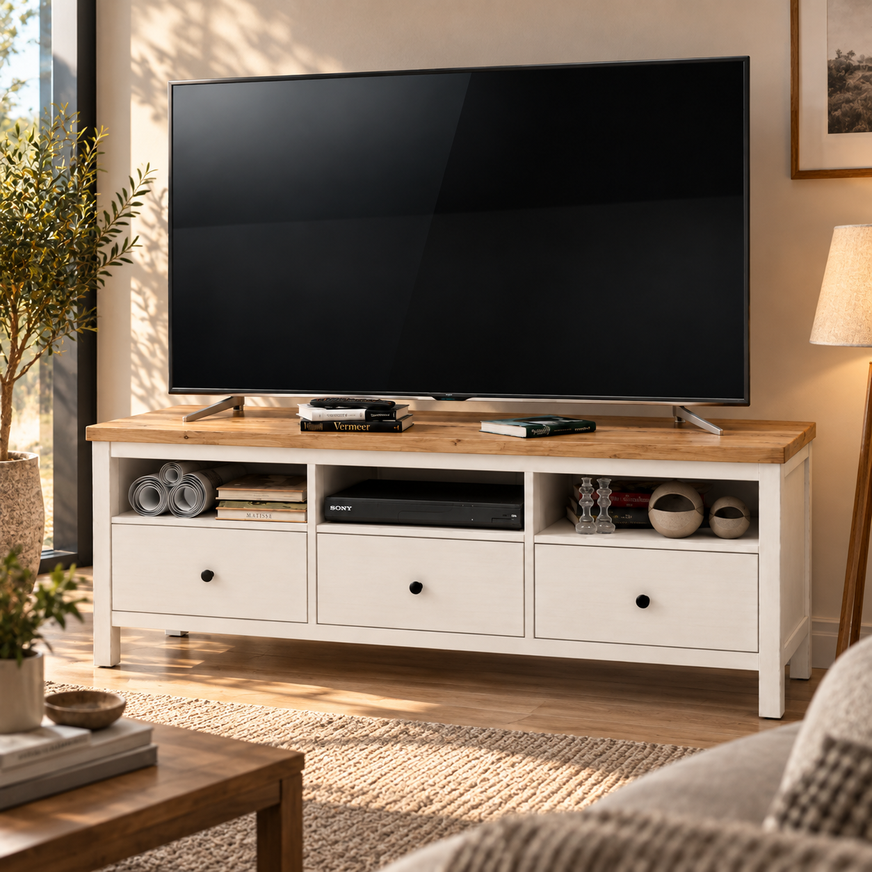 Black TV with White Wood Media Console 3D Model 2