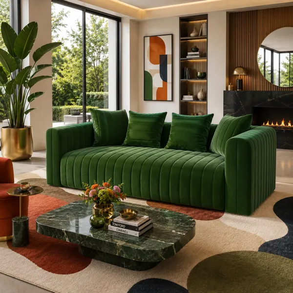 Emerald Green Velvet Channel-Tufted Sofa 3D Model back