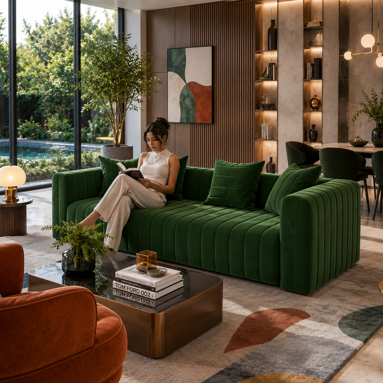Emerald Green Velvet Channel-Tufted Sofa 3D Model 4