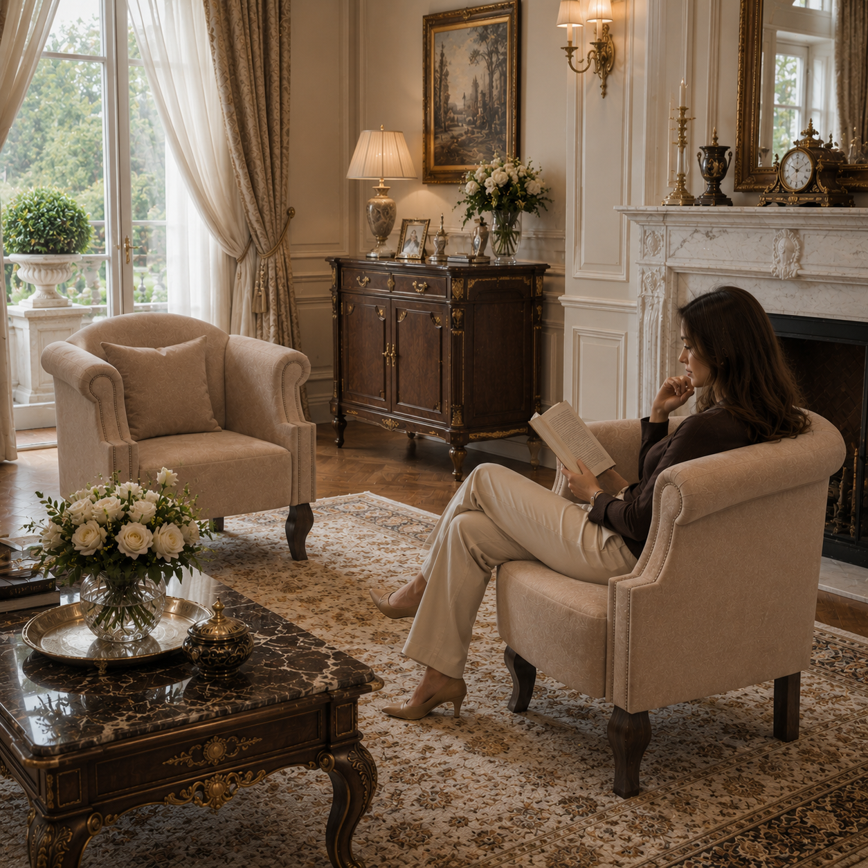 Beige Nailhead Wingback Armchair 3D Model 4