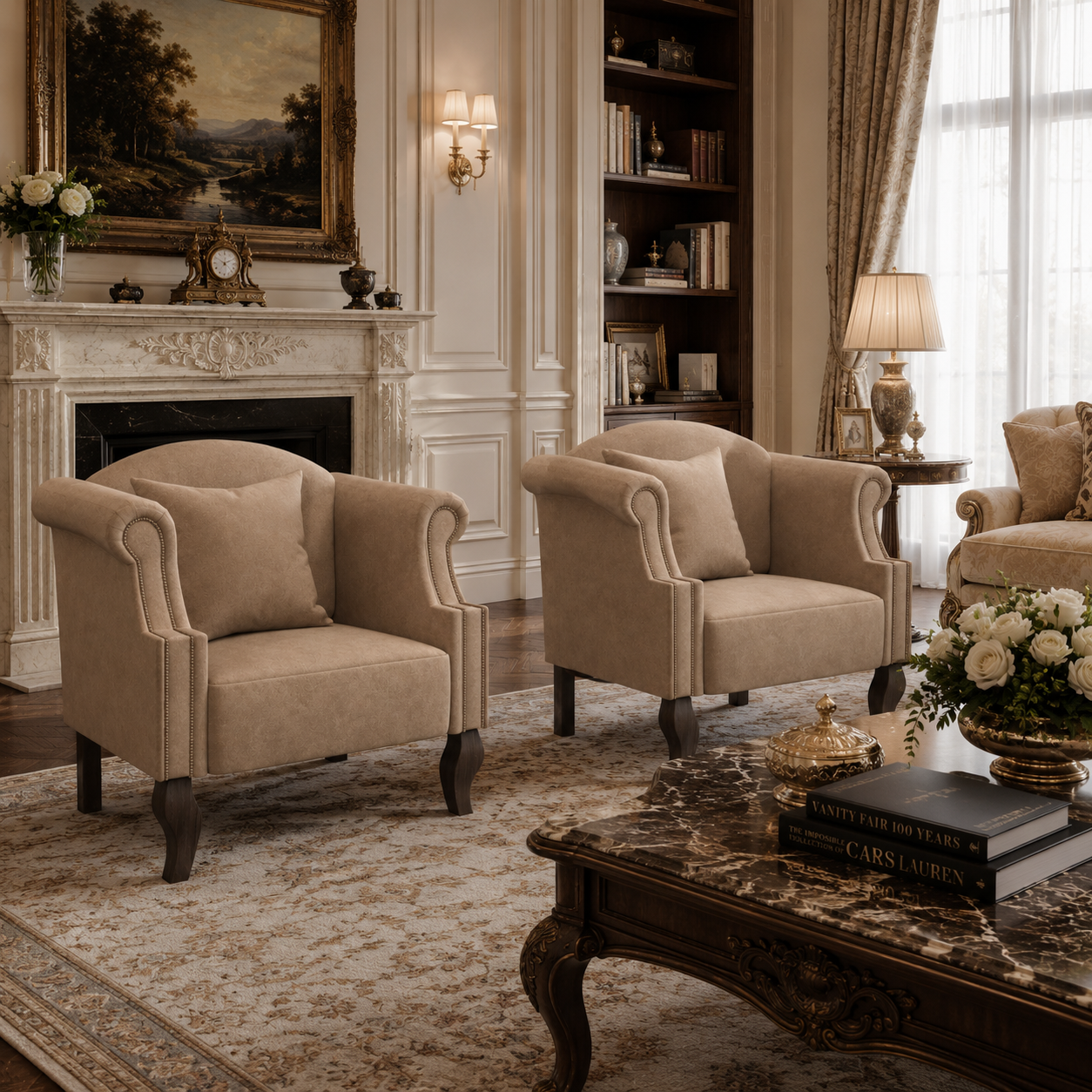 Beige Nailhead Wingback Armchair 3D Model 2
