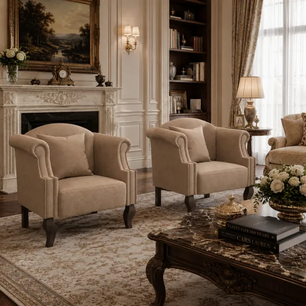 Beige Nailhead Wingback Armchair 3D Model back