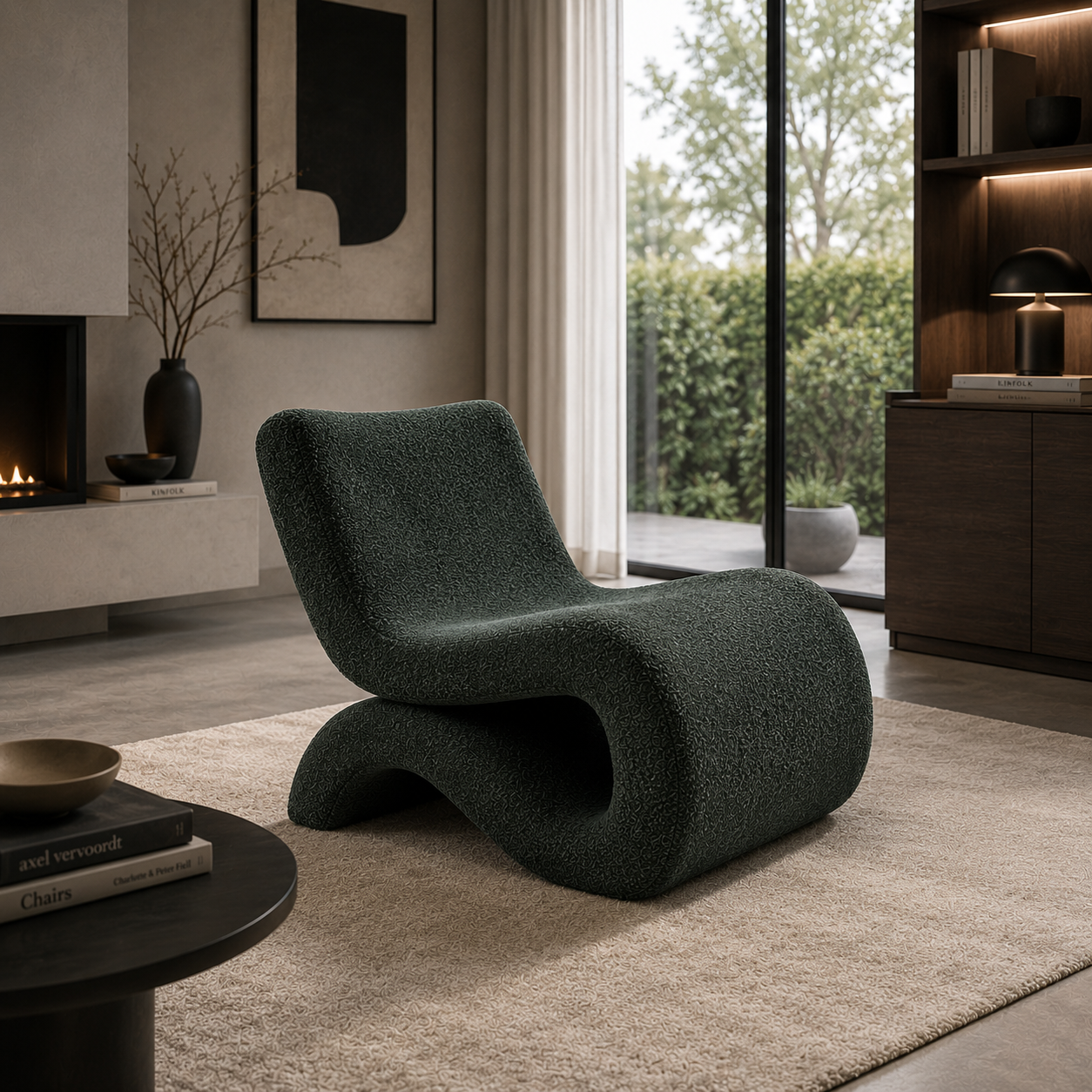 Dark Green Bouclé Sculptural Lounge Chair 3D Model 3
