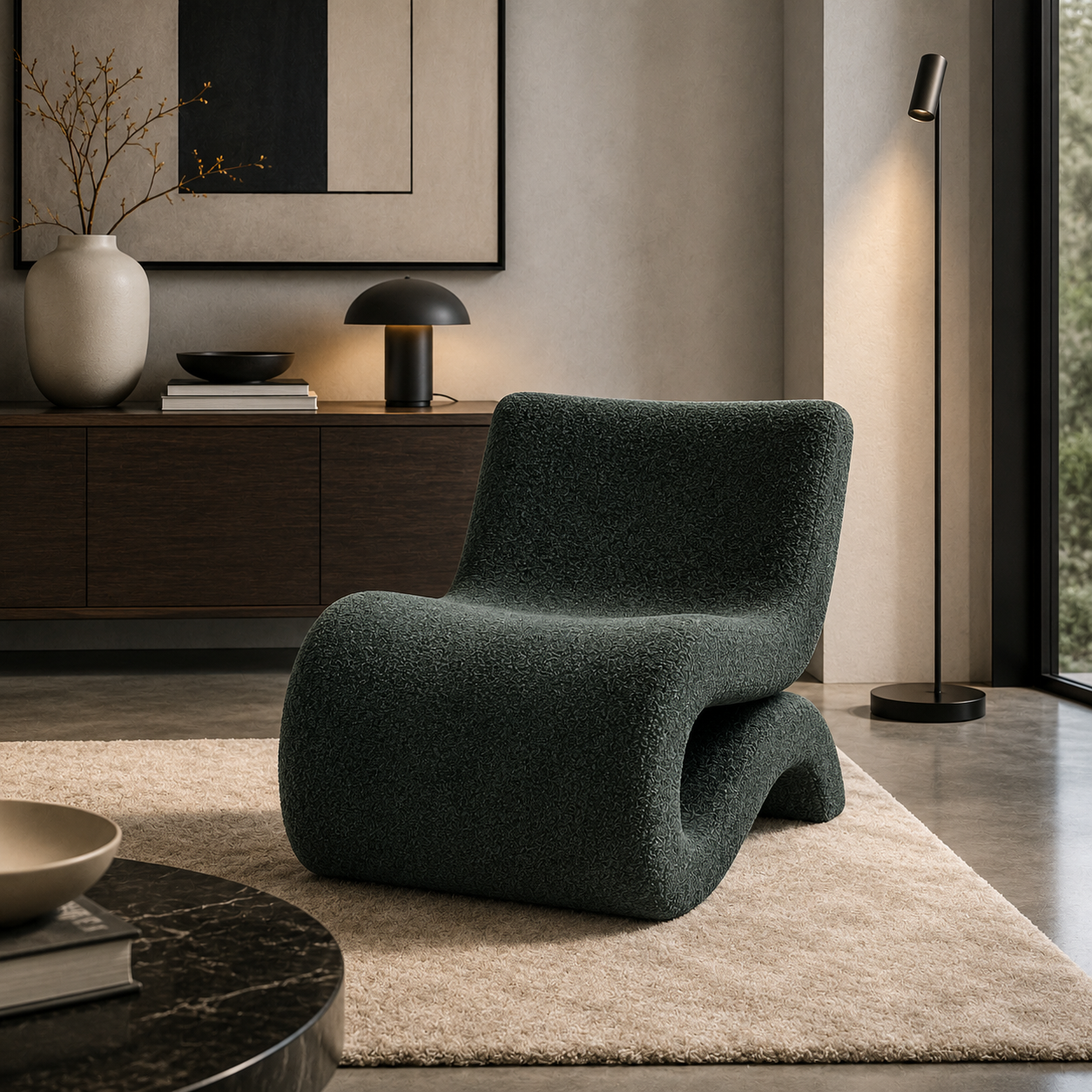 Dark Green Bouclé Sculptural Lounge Chair 3D Model 2