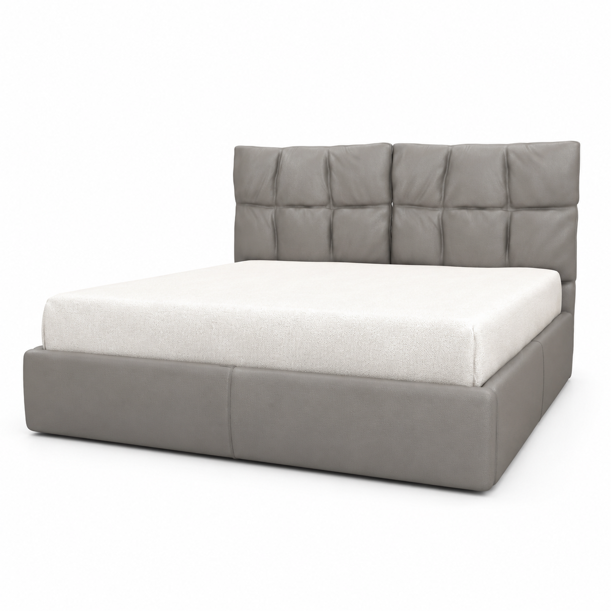 Grey Upholstered Bed with Padded Grid Headboard 3D Model 3