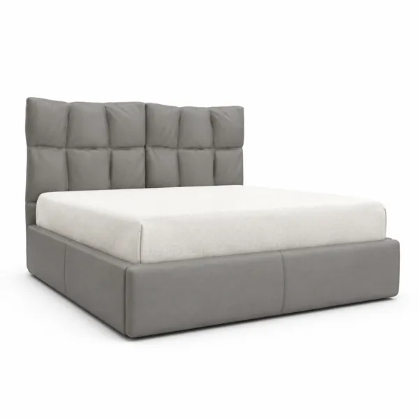 Grey Upholstered Bed with Padded Grid Headboard 3D Model