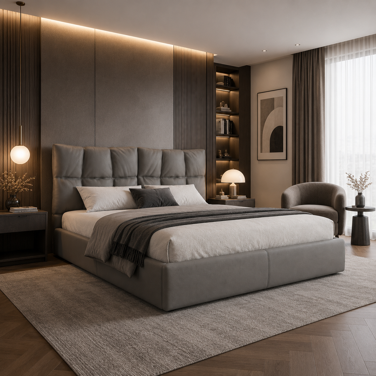 Grey Upholstered Bed with Padded Grid Headboard 3D Model 2