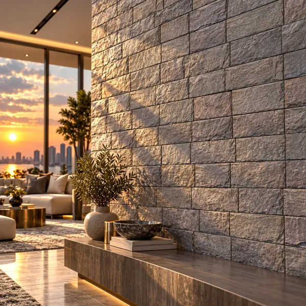 Muted Taupe Gray Rectangular Grid Stone Tile Texture back