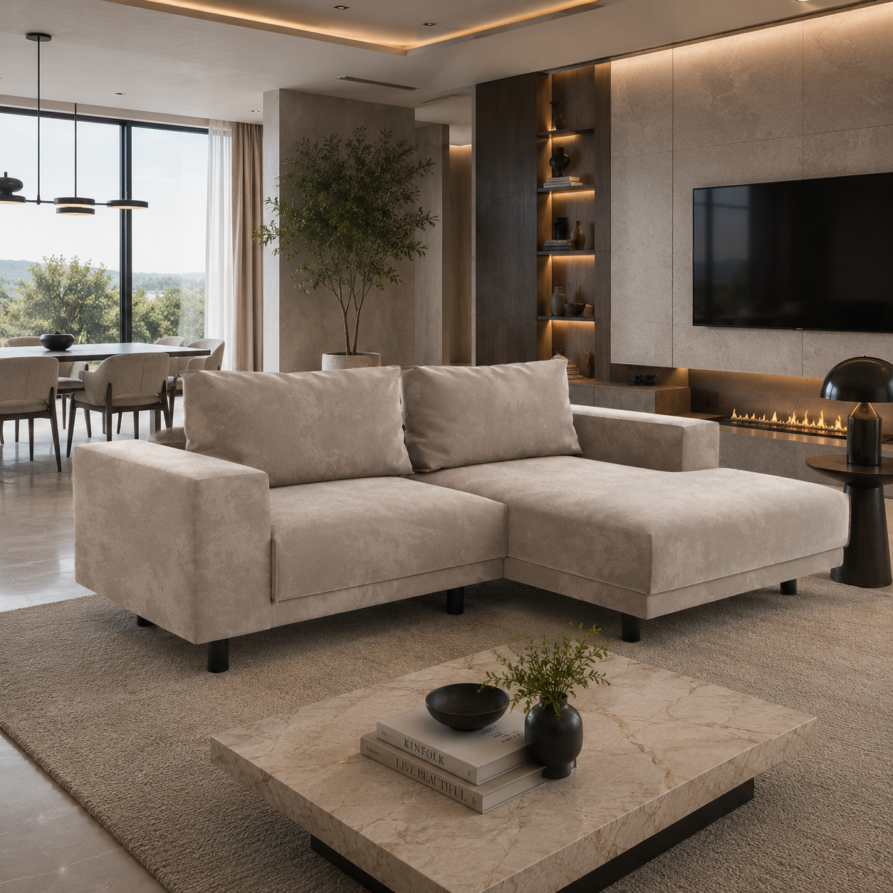 Warm Beige Velvet Chaise Sofa – Raised Black Legs 3D Model 4