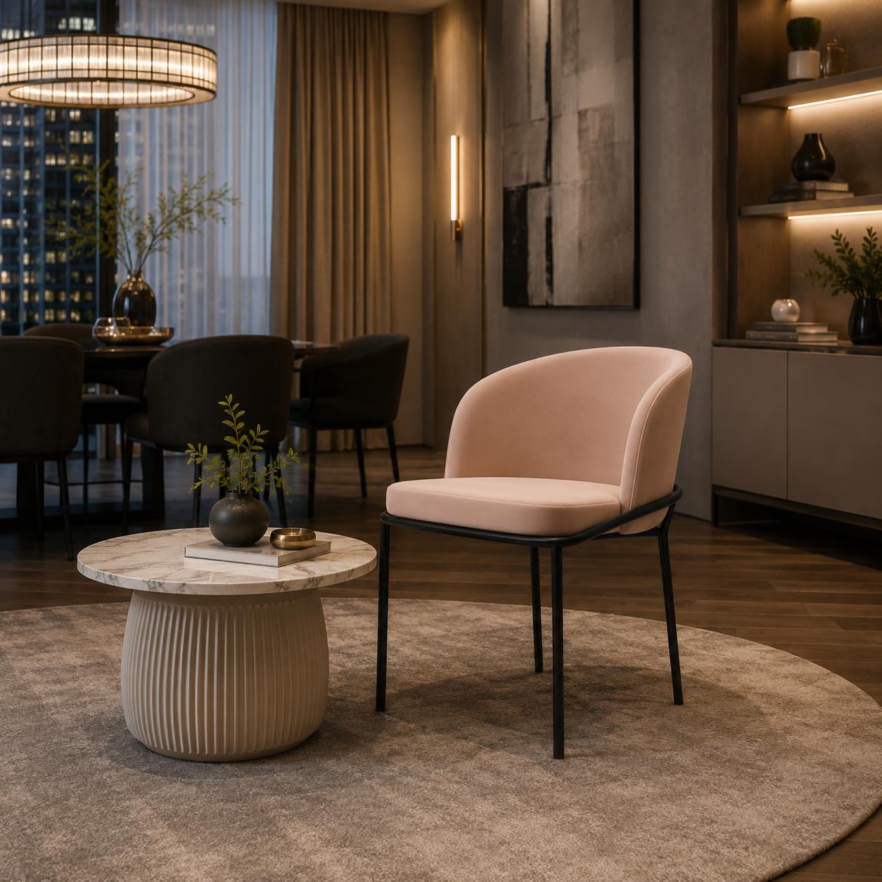 Blush Beige Velvet Curved Back Chair 3D Model 4
