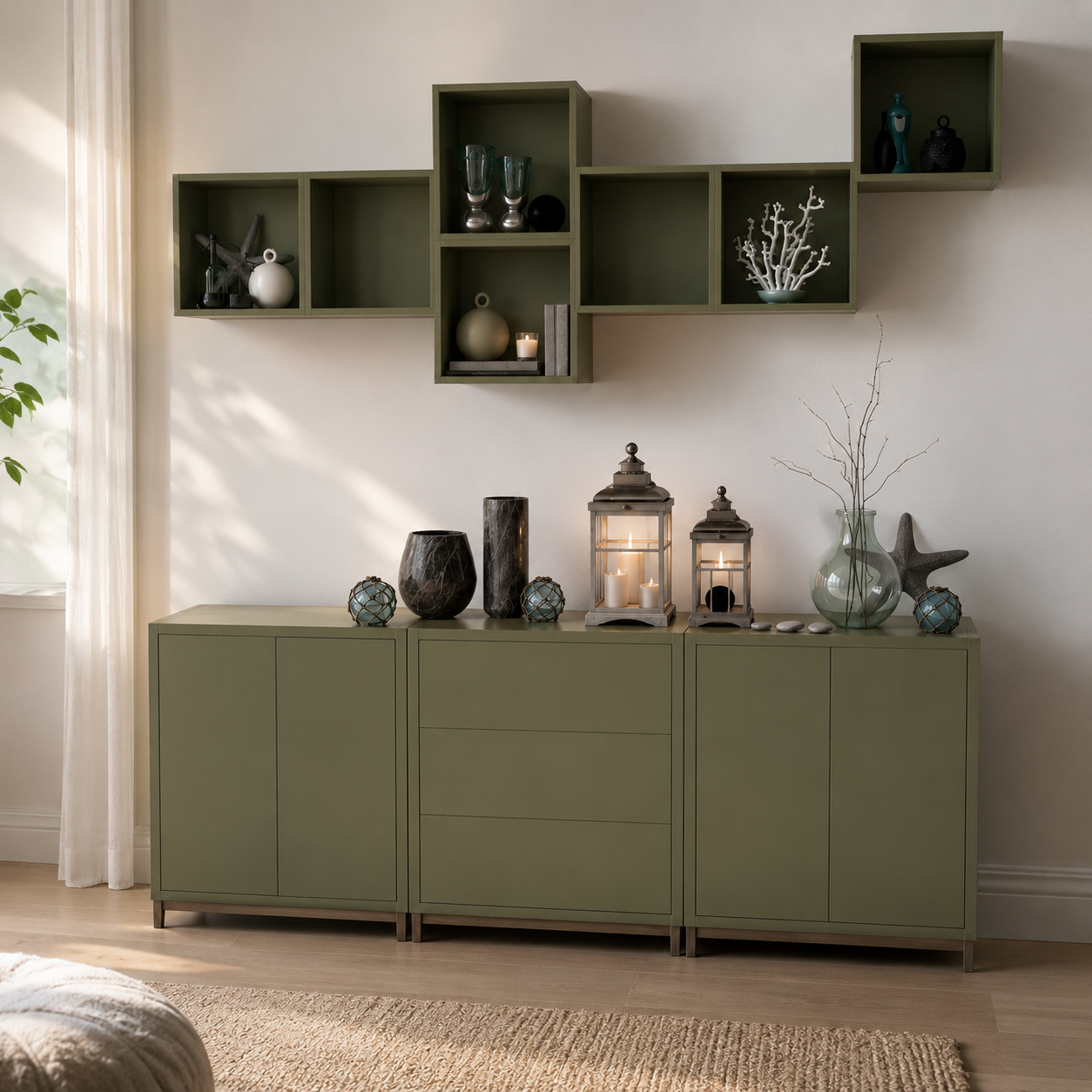 Olive Green Storage Set – Modular Wall Cubbies 3D Model 2