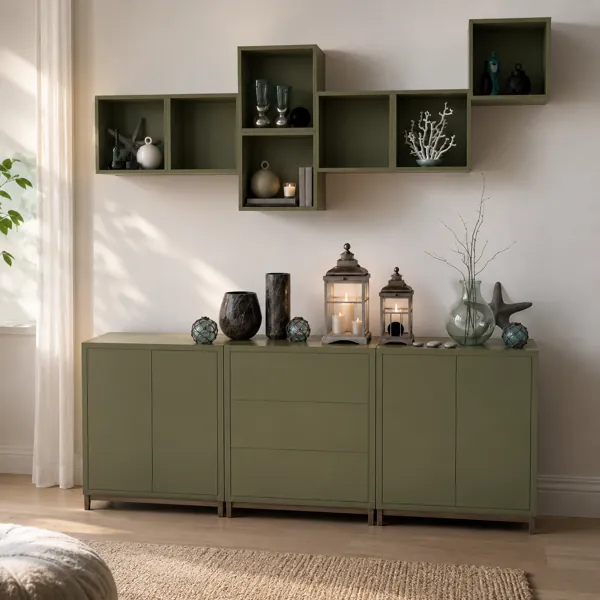 Olive Green Storage Set – Modular Wall Cubbies 3D Model back