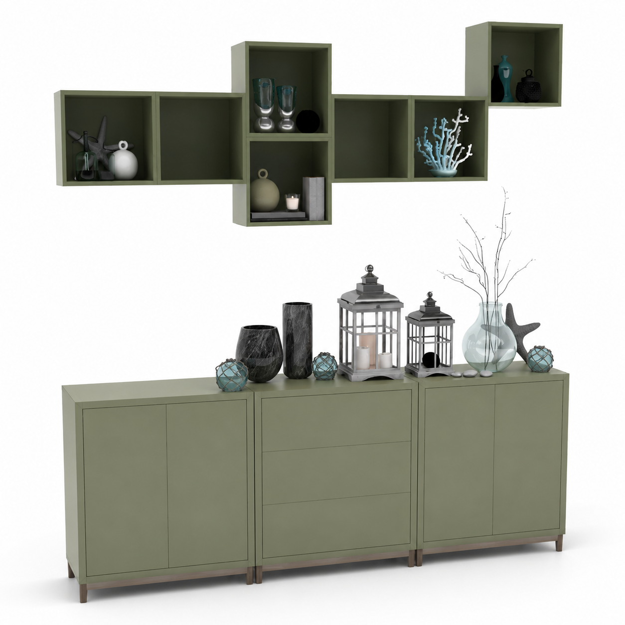 Olive Green Storage Set – Modular Wall Cubbies 3D Model 1