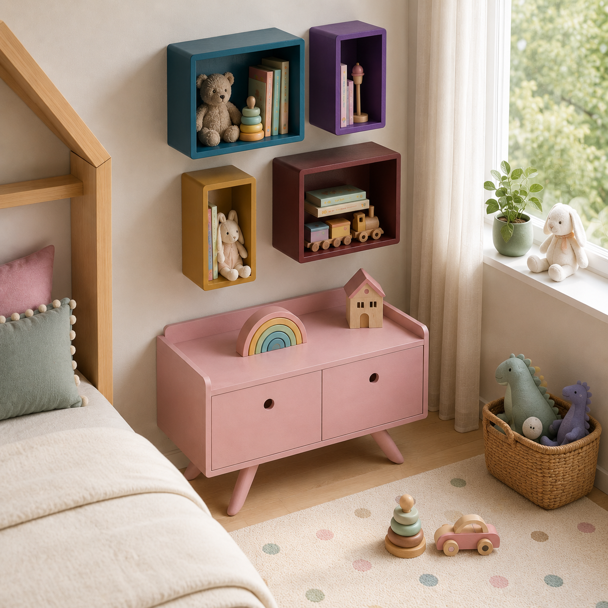 Blush Pink Kids Wardrobe – Color Block Wall Cubes 3D Model 3