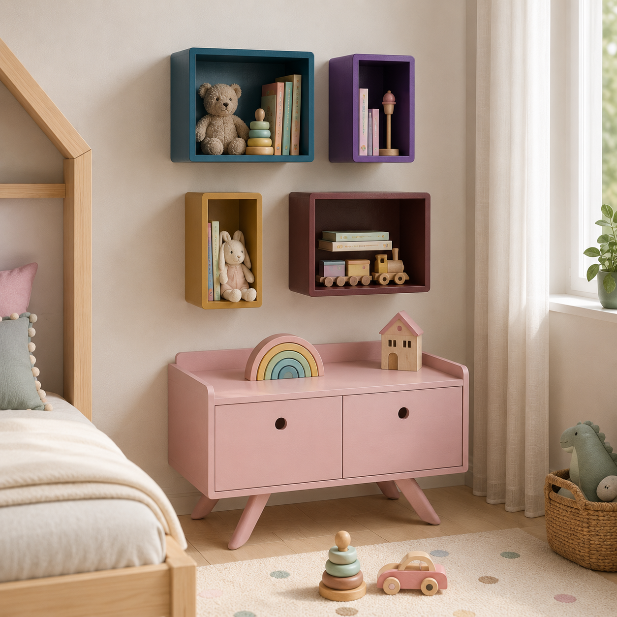 Blush Pink Kids Wardrobe – Color Block Wall Cubes 3D Model 2