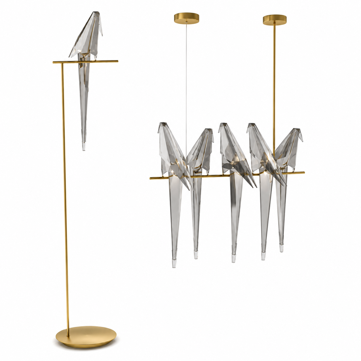 Gold Bird Wall Light – Smoked Faceted Glass Birds 3D Model 1