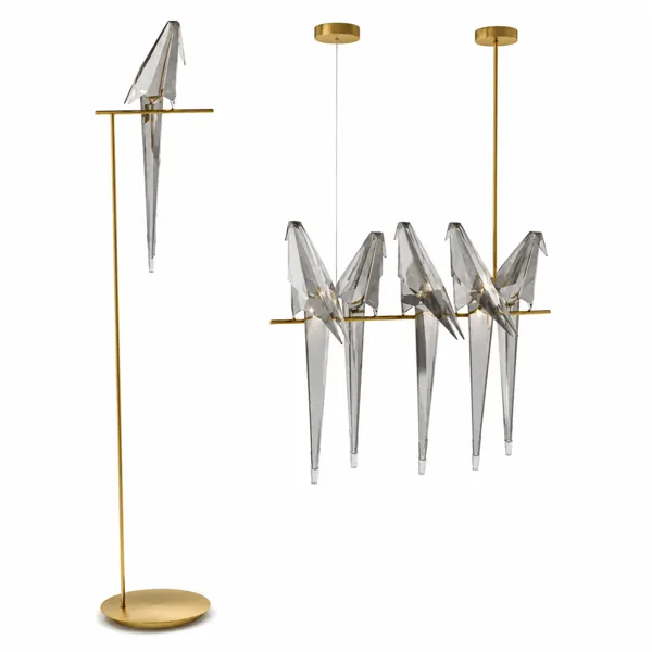 Gold Bird Wall Light – Smoked Faceted Glass Birds 3D Model