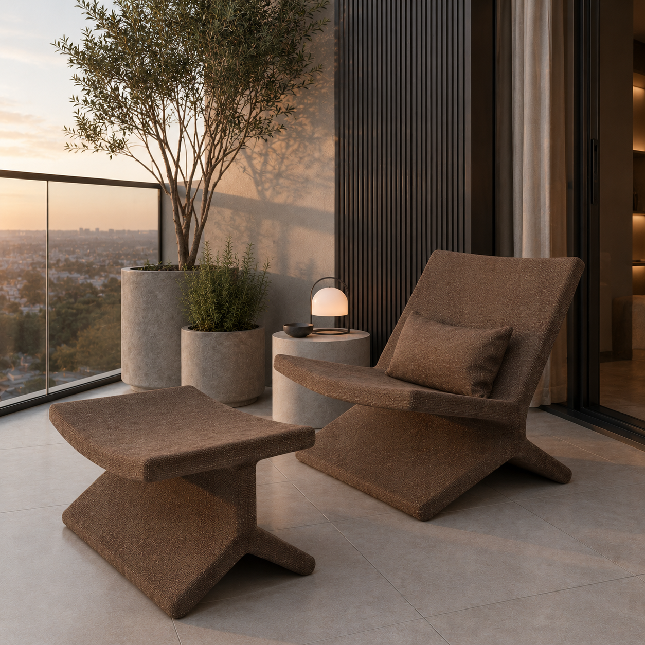 Brown Fabric Sculptural Lounge Chair & Ottoman 3D Model 4
