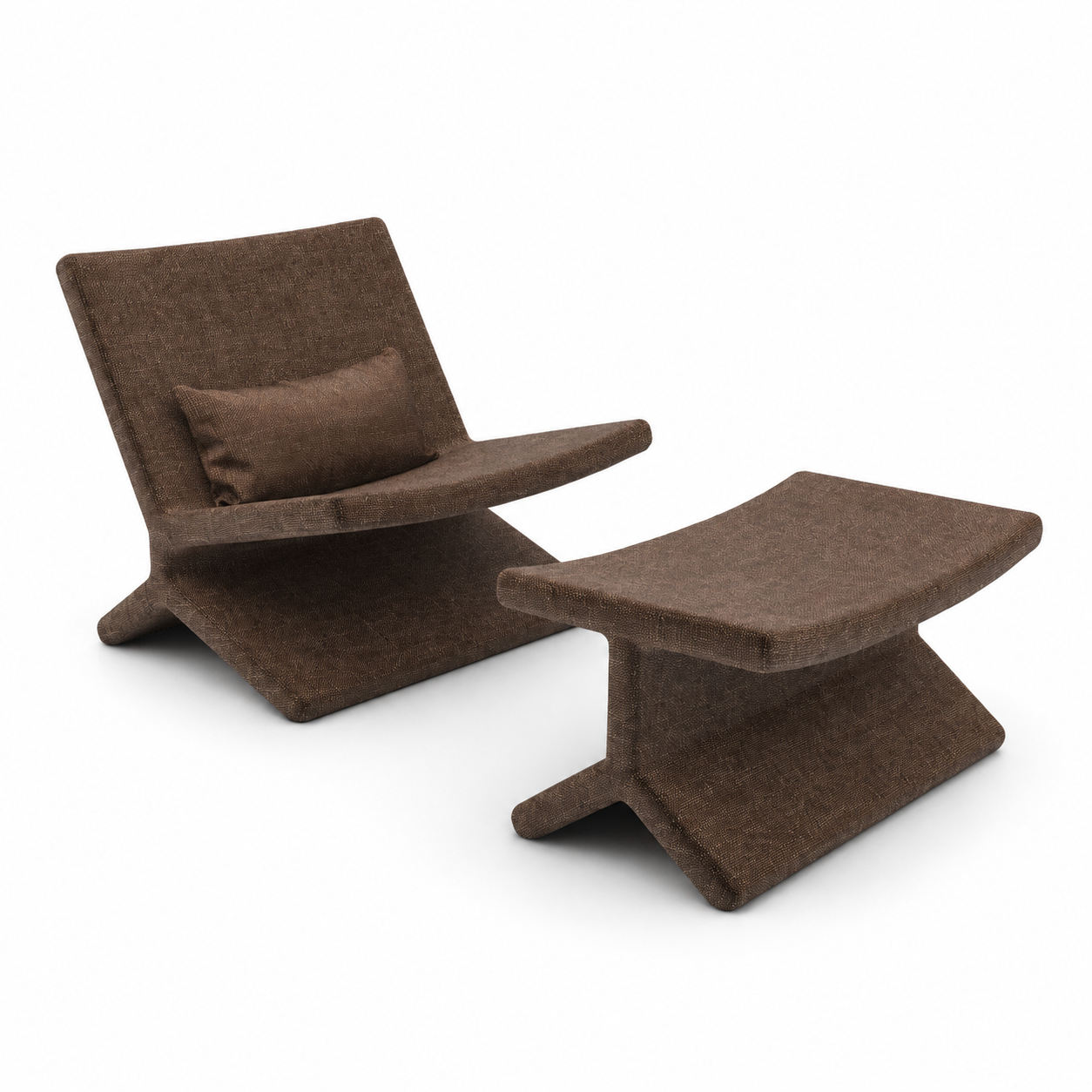 Brown Fabric Sculptural Lounge Chair & Ottoman 3D Model 1