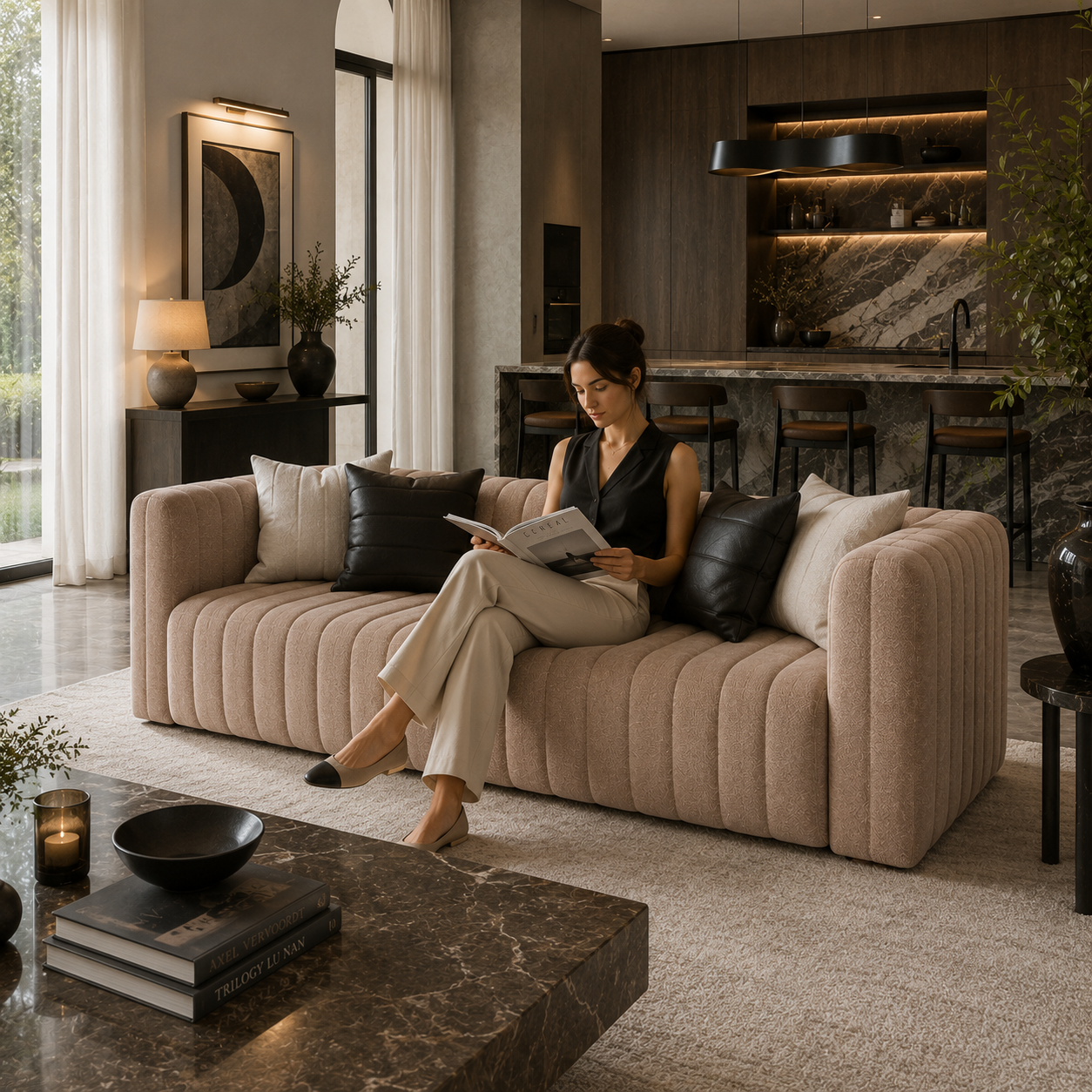 Warm Beige Channel-Tufted Sofa 3D Model 4