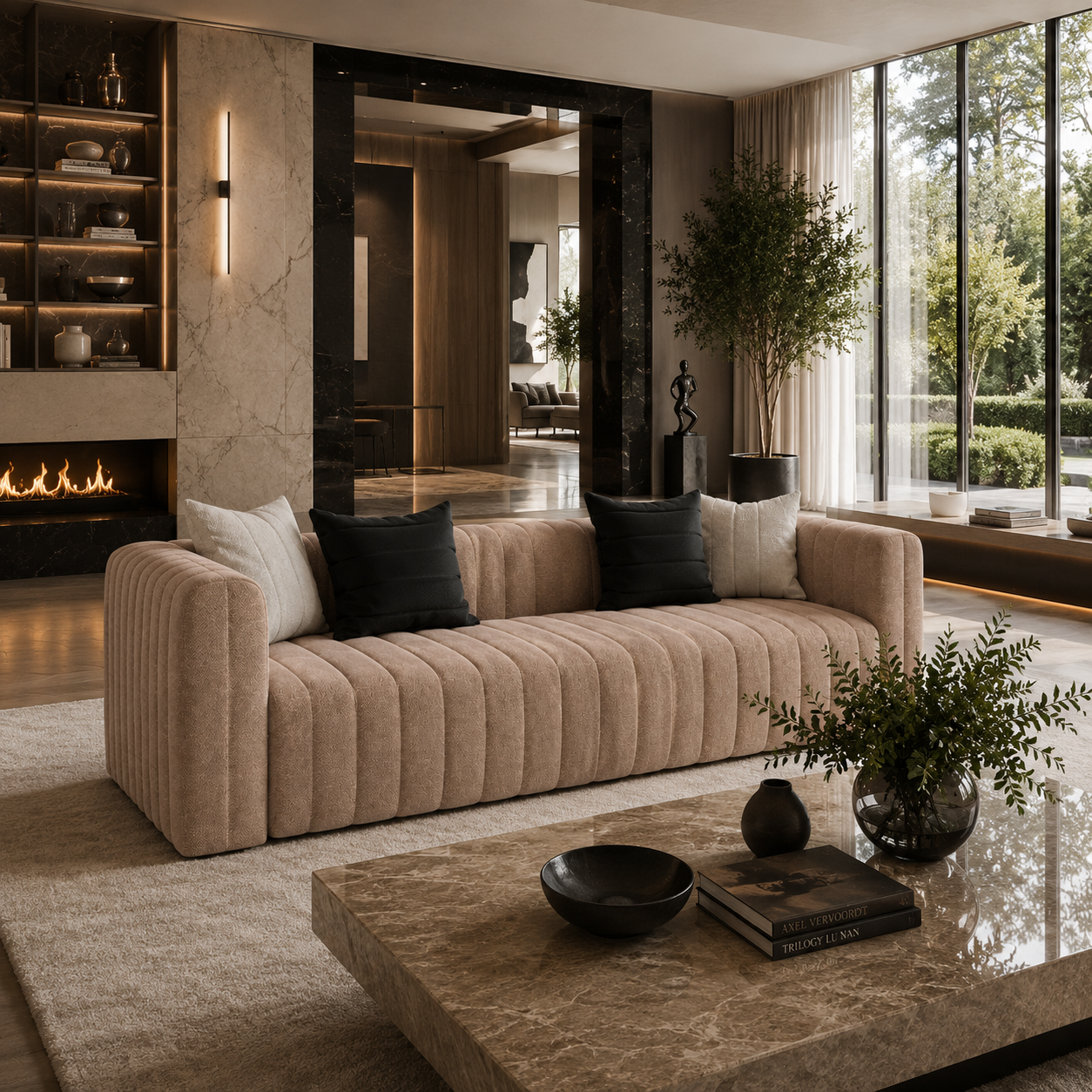 Warm Beige Channel-Tufted Sofa 3D Model 2