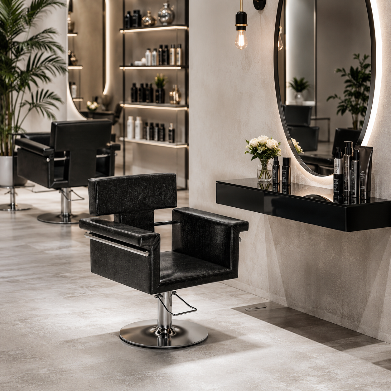 Black Salon Styling Chair – Chrome Round Base 3D Model 2