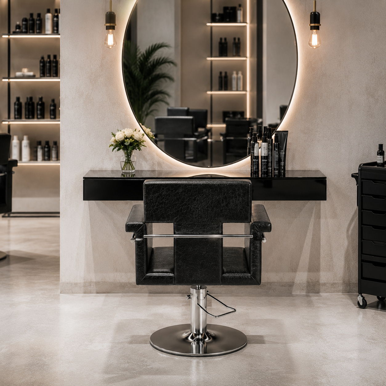 Black Salon Styling Chair – Chrome Round Base 3D Model 4