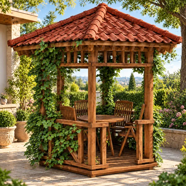 Terracotta Roof Wooden Garden Gazebo 3D Model back